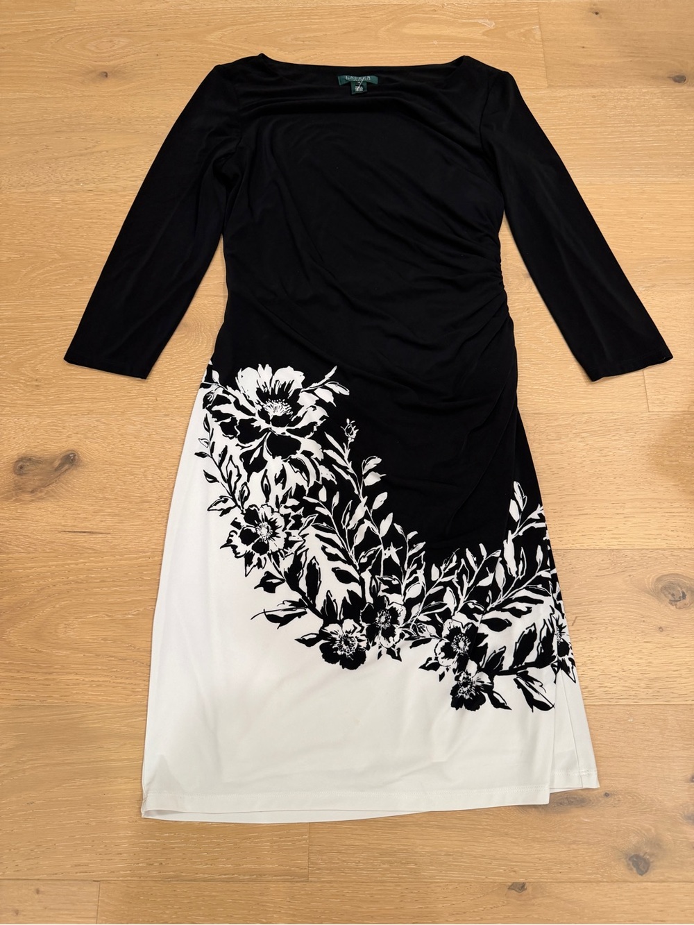 Lauren Ralph Lauren Black & White Floral Ruche Waist Shift Dress 12 - Women